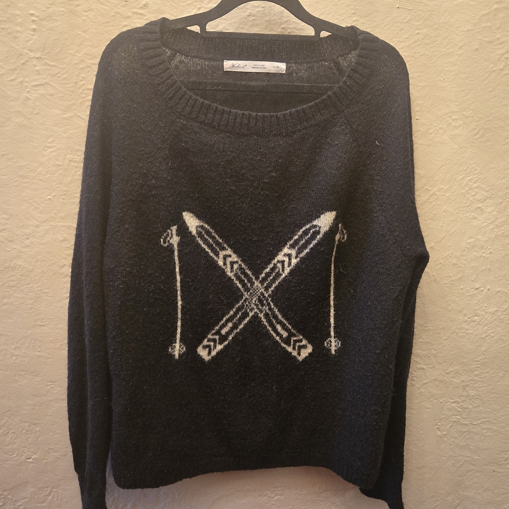 Woolrich Black Ski Sweater XL Crossed Skis Après Ski Alpine Wool Blend